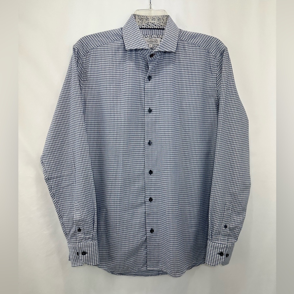 Men's 7 Downie Street Blue Houndstooth Checkered Dress Shirt L